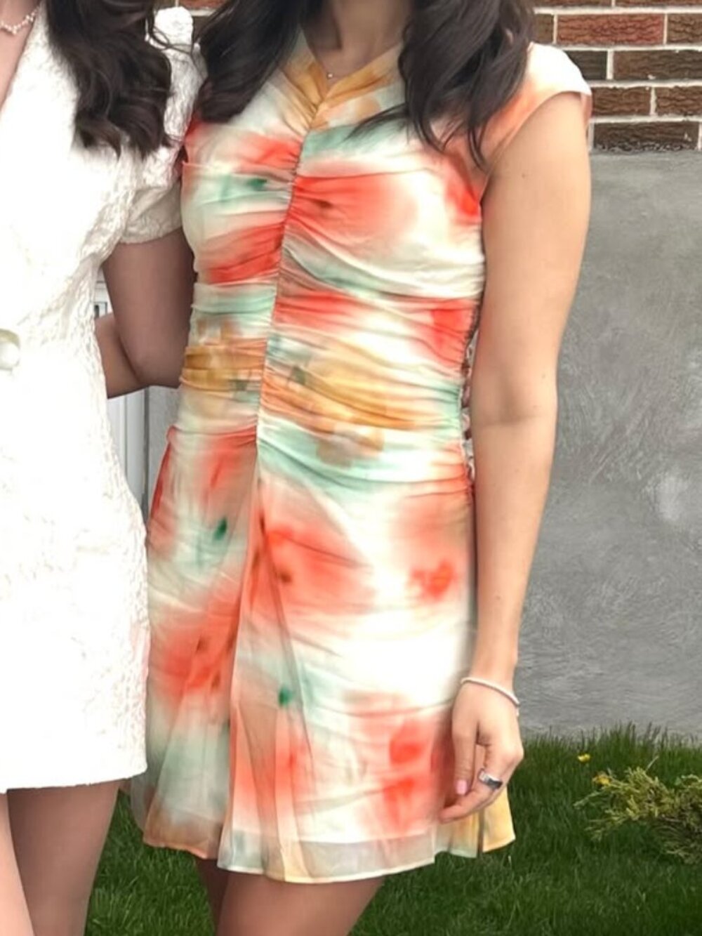 Banana Republic Watercolor Ruched Dress Small Size 4 Orange Blue Mesh Midi